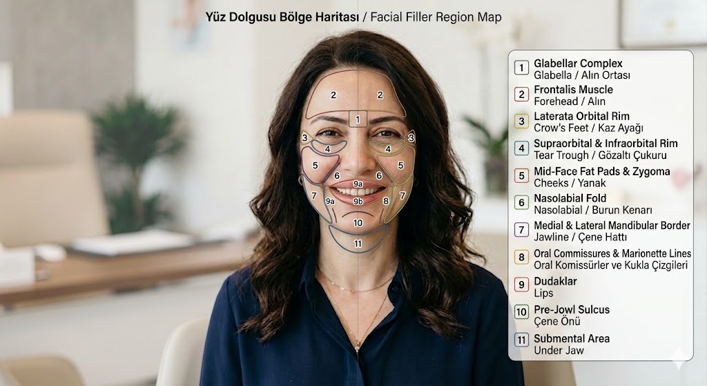 Yüz dolgusu bölge haritası: elmacık/yanak, göz altı, nazolabial, çene hattı, dudak, çene önü ve submental bölgeler numaralı şekilde işaretlenmiş