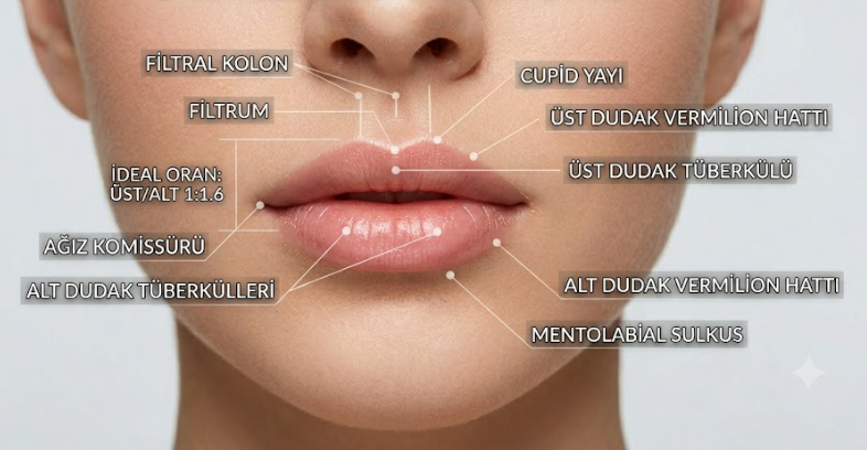 Dudak anatomisi: filtral kolon, filtrum, Cupid yayı, üst/alt dudak vermilyon hattı, dudak tüberkülleri, ağız komissürü, mentolabial sulkus ve ideal üst/alt oranı 1:1.6