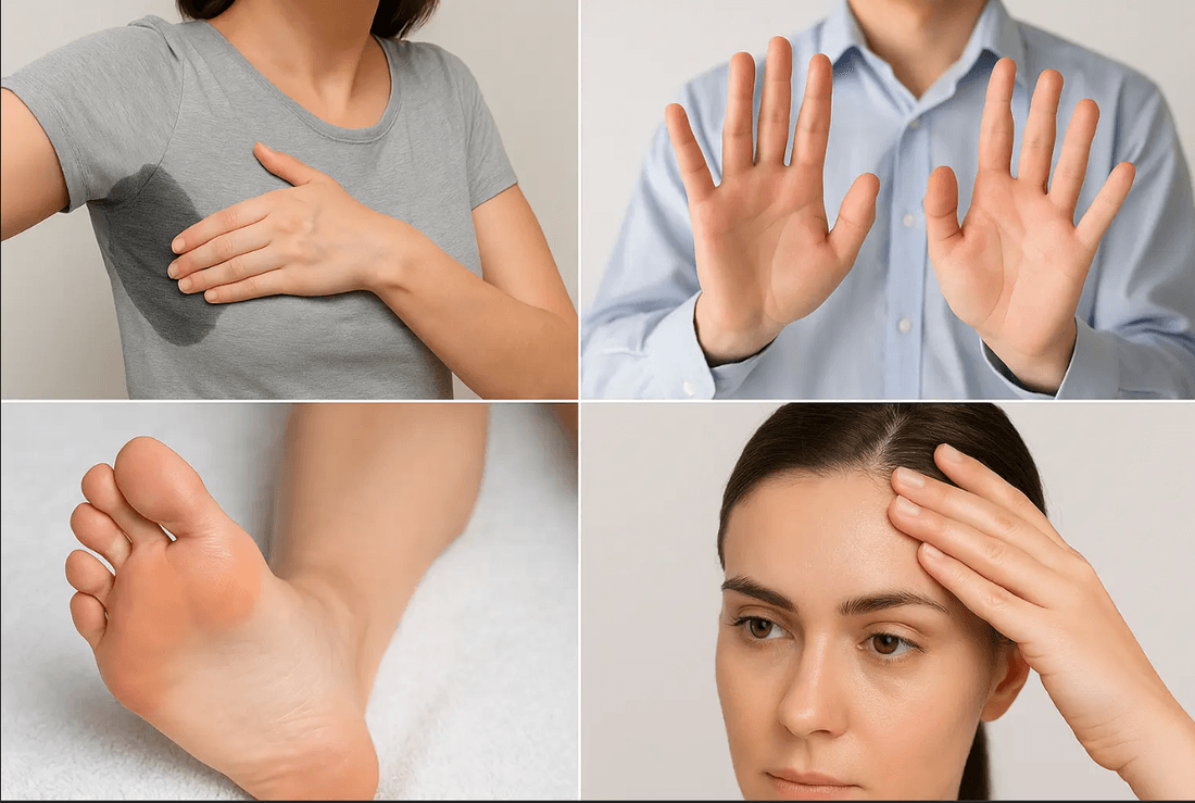 Hiperhidrozun en sık görüldüğü dört bölge: koltuk altı, avuç içi, ayak tabanı ve yüz