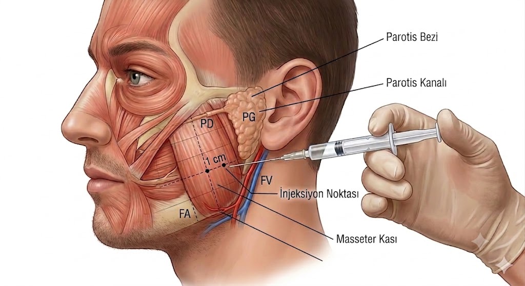 Masseter botoksu enjeksiyon tekniği — güvenli bölge, parotis bezi, yüz arteri ve veni, 1 cm aralıklı enjeksiyon noktaları