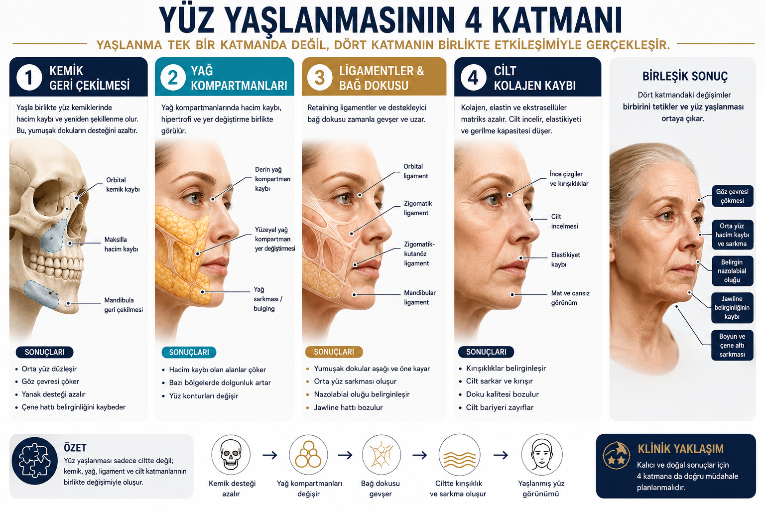 Yüz yaşlanmasının dört katmanı: kemik geri çekilmesi (orbital, maksilla, mandibula), yağ kompartmanlarının küçülüp aşağı kayması, ligament gevşemesi (orbital, zigomatik, mandibular) ve cilt kolajen kaybı